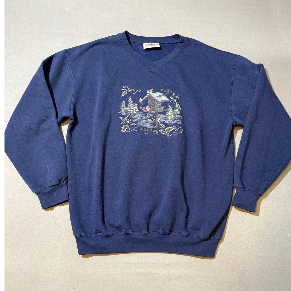 Northern Traditions V-Neck Sweatshirt Women's‎ Blue Birdhouse Nature Graphic L